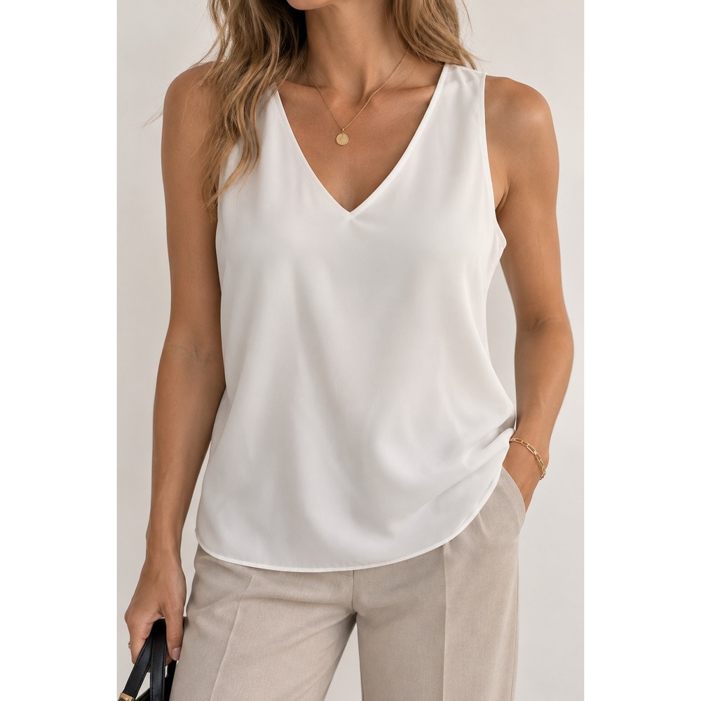 Nine West Womens Ivory White V-Neck Sleeveless Blouse Lined Tank Top Small